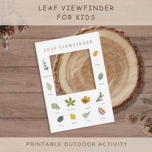 May include: A white "Leaf Viewfinder for Kids" printable outdoor activity sheet featuring leaf illustrations. The sheet is on a wooden slice, with text and leaf names. The background is a wooden surface.