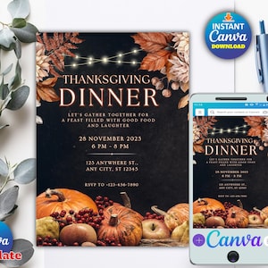 Friendsgiving Dinner Invitation Template, Thanksgiving Party Invite, Editable Digital Canva Template, Instant Download, Modern Fall Invite