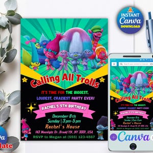 Editable Trolls Invitation, Printable Trolls Birthday Invitation,Editable Trolls Craziest Birthday,Trolls Craziest Party,Trolls Party Invite