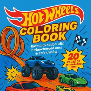 Puede incluir: Un libro para colorear de Hot Wheels con un fondo azul y un diseño de pista naranja. La portada presenta un camión monstruo azul, coches deportivos rojos y amarillos, y el texto "READY, SET, COLOR!". Incluye 20 páginas de diversión.