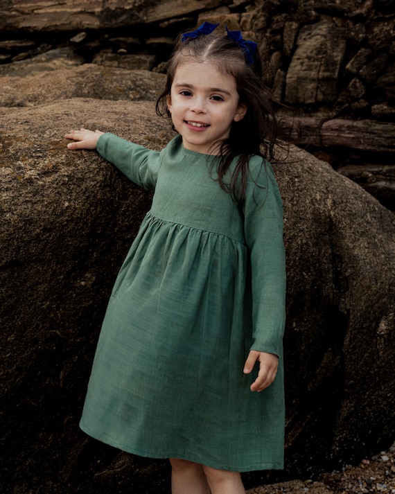 linen toddler dress green linen dress | linen dress long sleeve | linen empire waist dress |  linen toddler dress