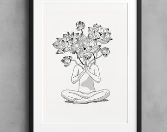 Blommande bön - Surrealistisk meditationskonsttryck, minimalistisk svartvit illustration