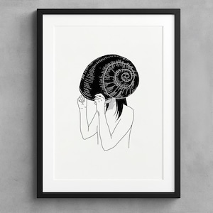 Hat – Surreal Minimalist Art Print, Black and White Line Drawing, Snail Head Illustration