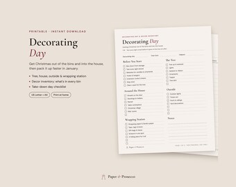 May include: A printable Decorating Day checklist on a light beige background. The document features sections for Before You Start, The Tree, Around the House, Outside, Wrapping Station, and Notes, with checkboxes for organizing holiday decor.