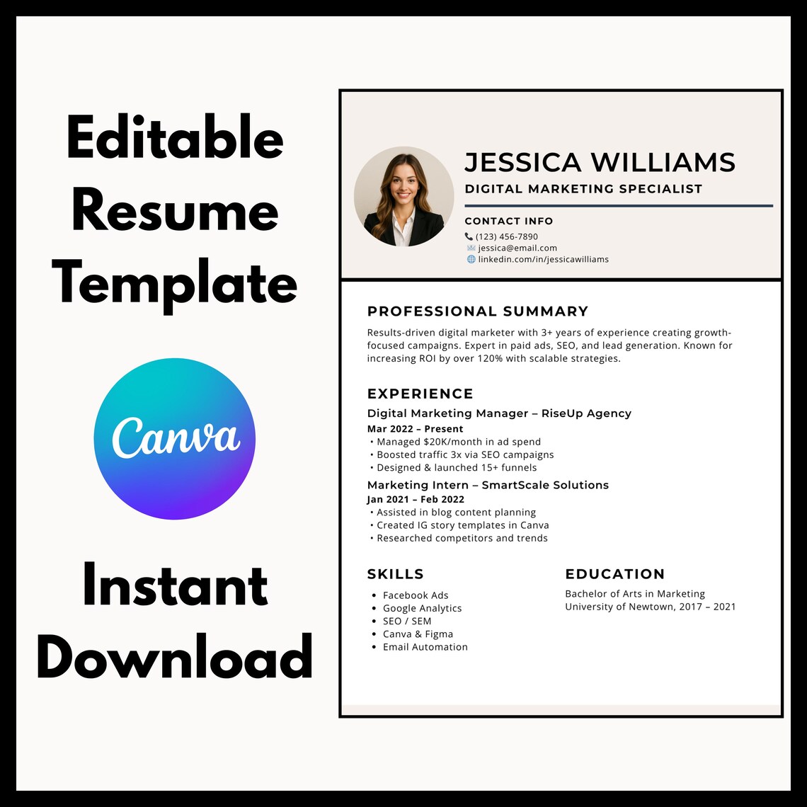 Modern Resume Template for Canva – Minimalist CV Design (instant ...