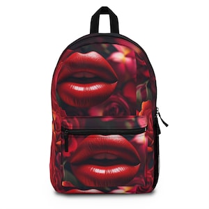 Bold Floral Lip Rucksack, trendige Schultasche, Reiserucksack, Rosendruck Tagesrucksack, einzigartiges Geschenk für sie