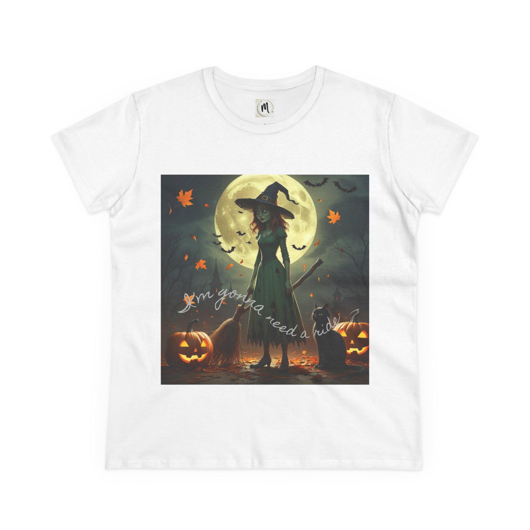 Camiseta de algodón de peso medio para mujer con diseño de bruja de Halloween