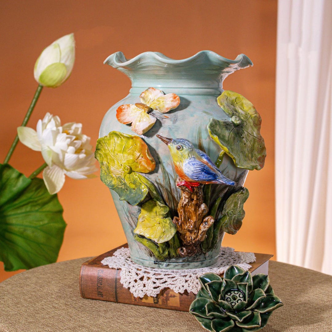 Handmade Ceramic Bud Vase: Bird & Lotus Design - Vietnamese Pottery - Etsy