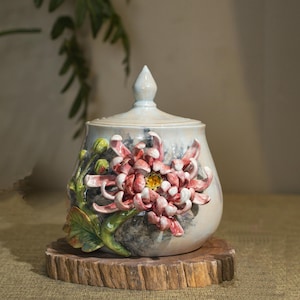 Handmade Ceramic Storage Jar with Lid: Embossed Floral Tea Coffee Container