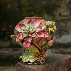 Handmade Ceramic Vase with Lotus and Crab Pattern Unique Ceramic Vase for Flower Decoration Home Art Handmade Gift for Her