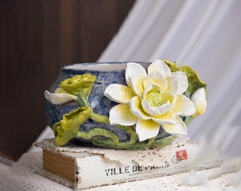 Embossed Flowers Ceramic Vase 3D Flowers Glazed Pottery Home Decor Decorative