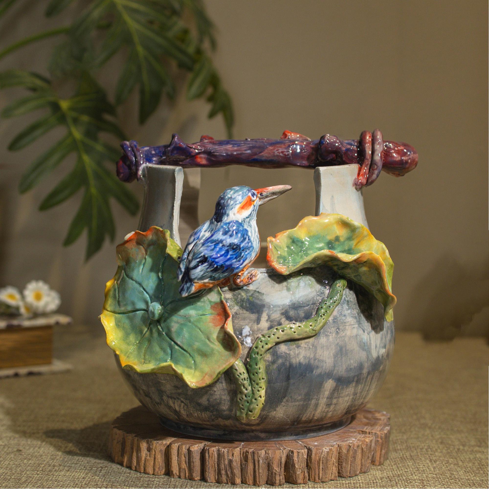 青色の花と鳥の装飾 陶器の鉢 Hand Painted Blue Bird Bud Vase - Etsy