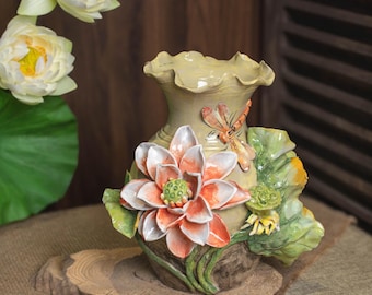 Jarrón de cerámica minimalista moderno de estilo antiguo, con diseño floral hecho a mano y boca curva.