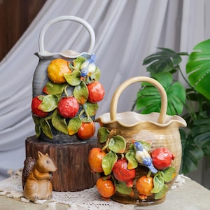 Ceramic vase colorful handmade vase with handle flower bird fruit pattern unique ceramic vase gift