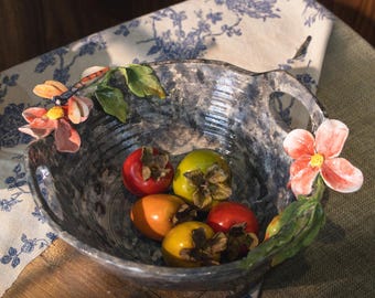 Handcrafted Ceramic Bowl with Handle: Rustic 3D Floral Pottery
