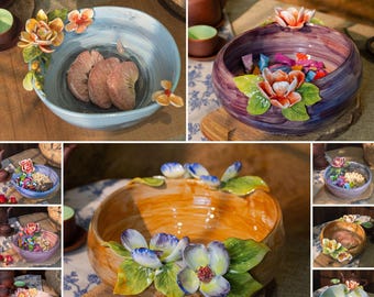 Handmade Ceramic Bowl with Raised Flower Design, Multiple Styles Available