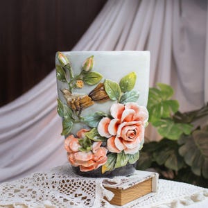 Ceramic vase with embossed flowers unique Pottery vase for flower handmade vase home decor