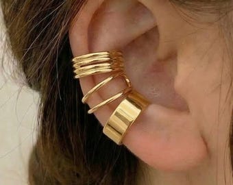 ゴールドイヤーカフセット｜ピアス穴不要の軟骨ピアス｜チャンキーでミニマルなゴールドメッキ｜彼女へのトレンディなジュエリーギフト
