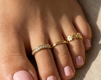 Conjunto de tres anillos para los dedos del pie en oro de 14 quilates, ajustables, minimalistas, joyería para los pies, accesorios de playa de verano, delicados anillos apilables para los dedos del pie, regalo para mujeres.