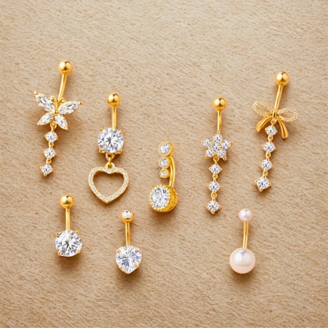 Gold Belly Button Ring Set Stainless Steel Belly Button Jewelry 8PCS ...
