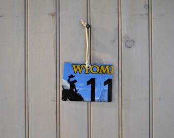 Wyoming License Plate ornament, Christmas ornament, Approx.  4 1/4 W. X  3" H.  6 1/2 H with leather cord, FREE SHIPPING