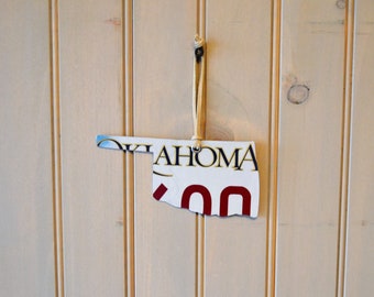 Oklahoma state license plate ornament,  Christmas ornament  measures approx 5 3/4" W x 2 3/4" H overall with leather cord 6" FREE SHIPPING