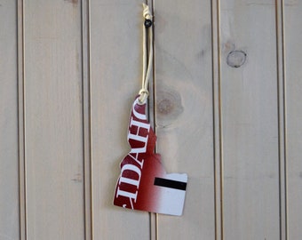 Idaho license plate ornament, Christmas ornament, approx. 2 3/4" W. X 4 3/8" H.  8 " H. with leather cord, FREE SHIPPING