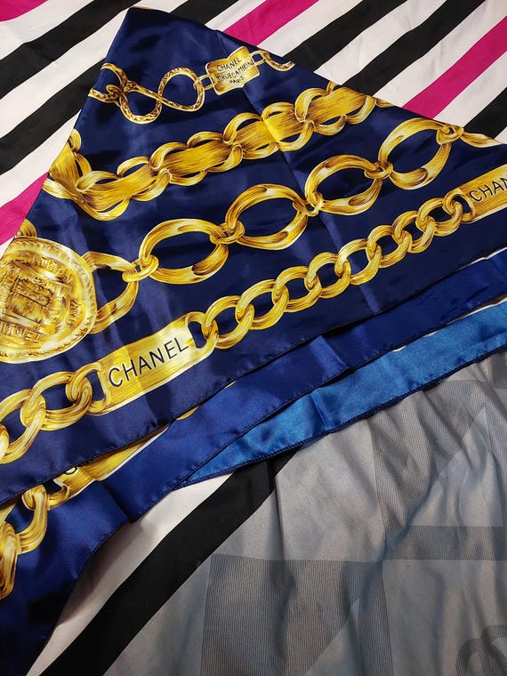 Vintage Chanel Blue Gold Pure Silk Scarf 1970s Original - Etsy