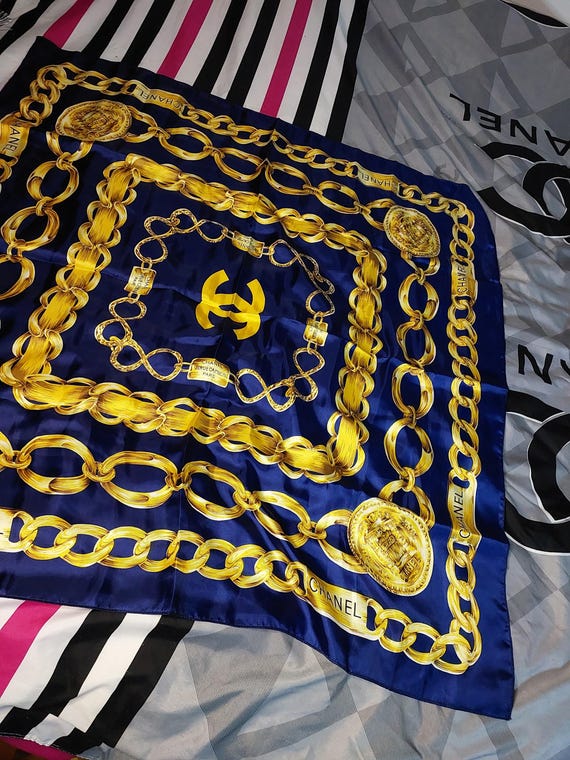 Vintage Chanel Blue Gold Pure Silk Scarf 1970s Original - Etsy