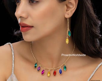 Rainbow Stone Necklace Earrings Set: Colorful Gold-Plated Indian Jewelry