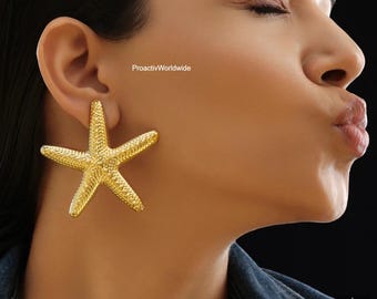 Oversized Gold Starfish Statement Earrings | Beach Inspired Bold Earrings for Women | Nautical Ocean Jewelry