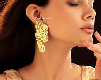 Oversized Crumpled Gold Metal Statement Earrings | Sculptural Textured Dangle Earrings | Artistic Bold Fashion Jewelry