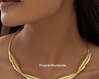 Gold Leaf Choker Necklace: Elegant Enamel & CZ Handmade Jewelry