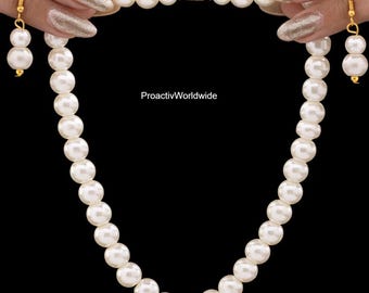 Faux Pearl Brass Necklace & Earrings Set: Handmade Wedding Jewelry