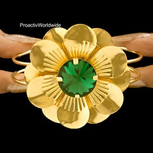 Brass Flower Bracelet with Green Center Stone | Handmade Gold-Tone Petal Cuff | Nature-Inspired Adjustable Statement Jewelry