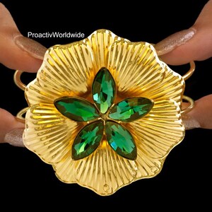 Embossed Floral Brass Bracelet with Green Stones | Adjustable Gold-Tone Statement Cuff | Handmade Nature-Inspired Jewelry