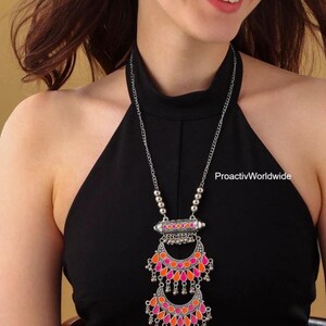 Boho Statement Necklace: Brass & Silver Tone Pendant, Red Orange Accents