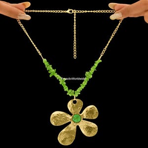 Boho Green Stone Necklace: Gold Flower Pendant, Adjustable Chain