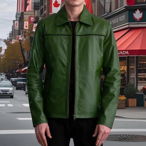 Men&#39;s Mystical Forest Green Genuine Leather Jacket with Shirt Collar & Full Zip