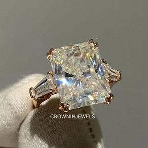 Radiant Cut Moissanite Engagement Ring With Tapered Baguette Side Stones in 14K Rose Gold Luxury Three Stone Bridal handmade Jewelry Gift