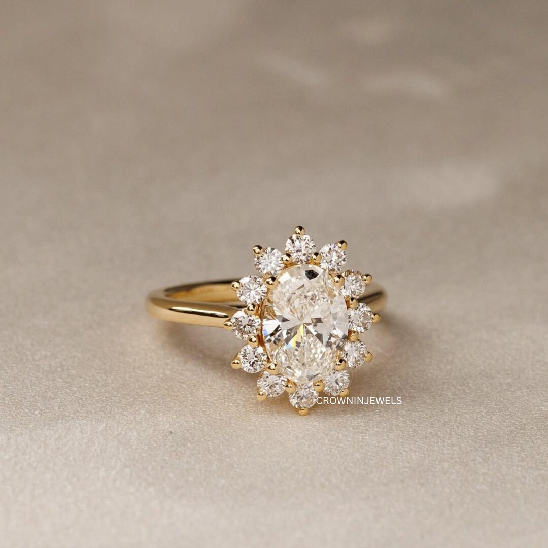 Oval Cut Moissanite Engagement Cluster Ring in 14K Yellow Gold With ...