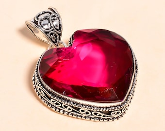 Ruby Red Heart Pendant Necklace Sterling Silver | Large Red Gemstone Heart Pendant | Handmade Birthstone Jewelry Gift for Women"