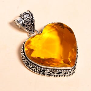 heart-shaped Citrine Pendant | Handmade Silver Gemstone Jewelry | Unique Boho Crystal Pendant | Gift for Her | Statement Necklace&quot;