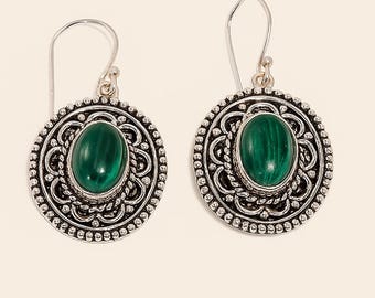 Green Malachite Earrings Silver Boho Dangle Earrings | Vintage Oval Gemstone Drop Earrings | Handmade Statement Earrings for Women Gift"
