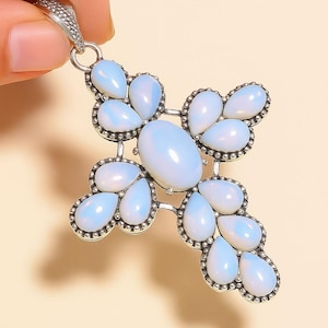 Opalite Cross Pendant Necklace • Boho Western Silver Jewelry • Large Statement Gemstone Pendant • Healing Stone Gift for Women&quot;