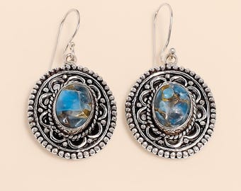 Vintage Boho Silver Earrings with Blue Gemstone | Handmade Dangle Earrings for Women | Antique Style Bohemian Jewelry Gift"