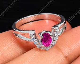 Ruby Engagement Ring for Women Sterling Silver | Natural Red Ruby Ring with Diamond Accents | July Birthstone Promise Ring | Gift for Her"