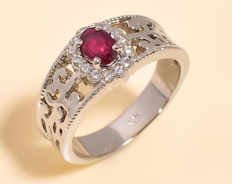 Ruby Engagement Ring Silver Filigree Band – Vintage Style Oval Red Gemstone Ring, Dainty Promise Ring, July Birthstone Jewelry for Women"