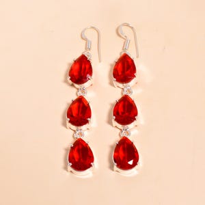 Red Teardrop Crystal Dangle Earrings | Silver Statement Drop Earrings | Long Red Gemstone Earrings for Women | Handmade Party Jewelry Gift
