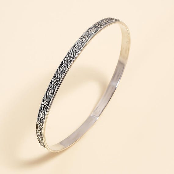 Sterling Silver Floral Leaf Bracelet – Adjustable Engraved Antique